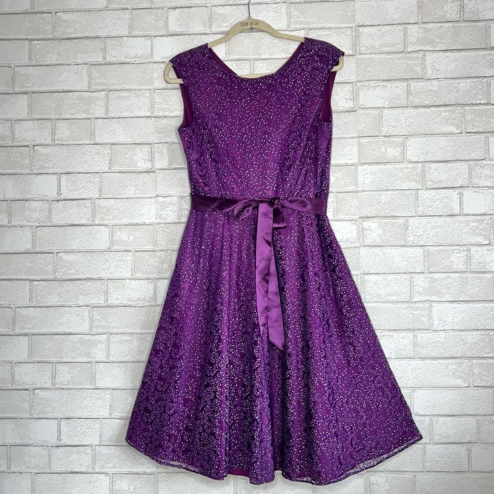 💜 TAHARI 💜 ARTHUR S. LEVINE floral print silver glitter purple dress size 8